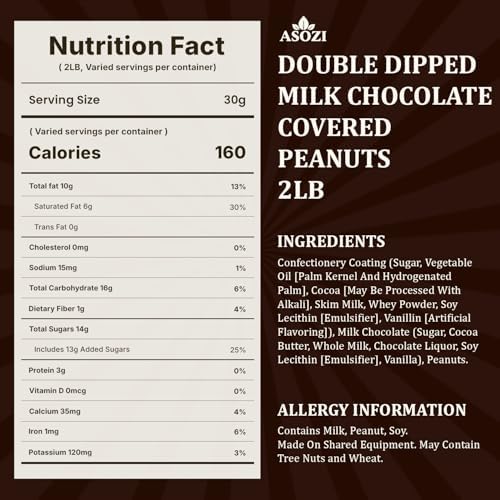 Double Dipped Milk Chocolate Covered Peanuts 2LB Resealable Bag – Extra Thick Chocolate Coating, Crunchy Premium Peanuts, Bulk Candy Snack for Parties, Baking & Gifting ASOZI