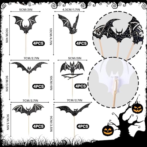 Black Glitter Bat Cupcake Toppers 24Pcs Bat Halloween Cupcake Picks Bats Cake Decorations Halloween Bat Wings Cake Decorations Horror Cake Cupcake Toppers for Halloweens Theme Birthday Party
