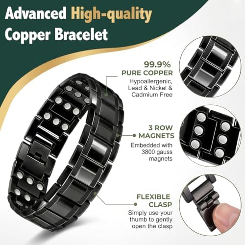 Vicmag Copper Magnetic Bracelet for Men, 3X Strength Magnets, Pure Copper Bracelet & 9X Magnet Ring Set, Adjustable Fit with Sizing Tool(Classic Black)