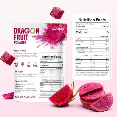 CCNature 4oz Dragon Fruit Powder, Pitaya powder | Natural food coloring | Great Flavor for Baking, Drinks, Dragonfruit Syrup, Smoothies | No Sugar & Additives, Non-GMO & Vegan Friendly