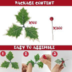 TIHOOD 300PCS Artificial Holly Berries with 100PCS Green Leaves rtificial Holly Leaves and Berries for Christmas Wreath Arrangement Cake Toppers Craft Wedding Party Home (Red)
