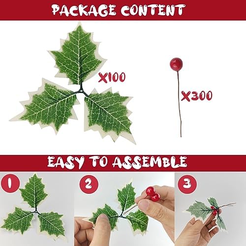 TIHOOD 300PCS Artificial Holly Berries with 100PCS Green Leaves rtificial Holly Leaves and Berries for Christmas Wreath Arrangement Cake Toppers Craft Wedding Party Home (Red)
