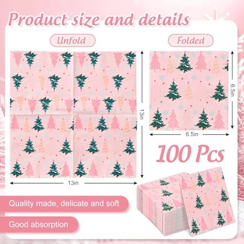 JarThenaAMCS 100Pcs Christmas Paper Napkin Pink Green Xmas Tree Disposable Luncheon Napkin Seasonal Dinner Hand Napkin for Winter Holiday Wedding Birthday Baby Shower