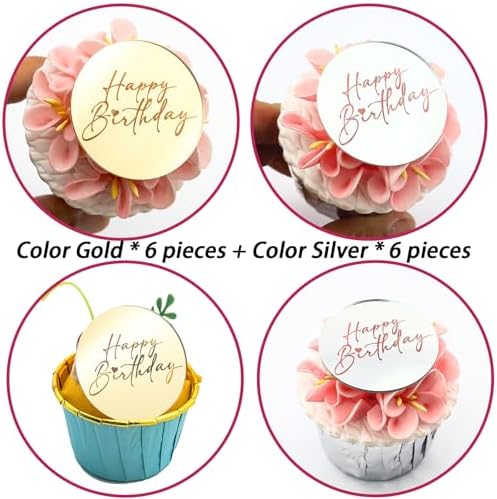 12pcs Happy Birthday Mirror Acrylic Cake Disc Acrylic Cupcake Toppers for Birthday Party DIY Cupcake Decoration