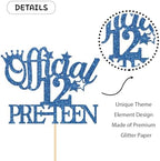 Official Pre-teen 12 Cake Cake Topper, Happy 12th Birthday Cake Topper, 12 Years Old Birthday Party Cake Decorations Blue Glitter