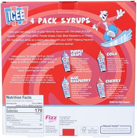 ICEE 4 Pack Slushie Syrups. Genuine ICEE Shaved Ice Snow Cone Syrups including Purple Grape, Cola, Blue Raspberry and Cherry Flavors. 4 x 6.1floz. Perfect For Snow Cones, Slushies, Sodas & Ice Pops.