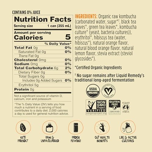 Liquid Remedy Kombucha Sugar Free Organic Drink, Low Calorie, Probiotic Like Tea for Gut Health - Orange Splash - 12 Fl Oz Can, 4-Pack