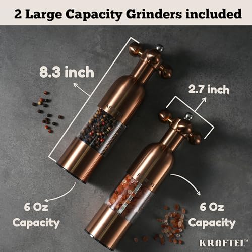 Premium 8" Salt and Pepper Grinder 2PK. Large Peppermill - Refillable, Adjustable Coarse, Antique Stainless Steel Spice Shaker. Clear Acrylic aesthetic - Cute Copper Color Kitchen Gift for Mom