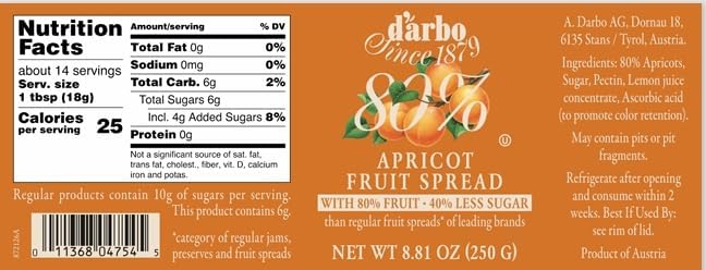 Darbo Apricot Spread, 80% Fruit, All Natural, 40% Less Sugar - 8.81oz