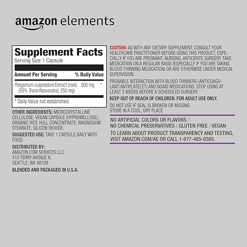 Amazon Elements - Trans-Resveratrol, 250 mg, 60 Capsules, 2 Month Supply, Vegan