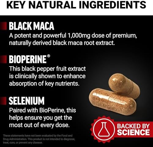 Force Factor Black Maca Root Supplement for Men, 1000mg Maca Negra Extract for Energy, Hormonal Balance & Vitality, Superior Absorption with BioPerine, 90 Capsules