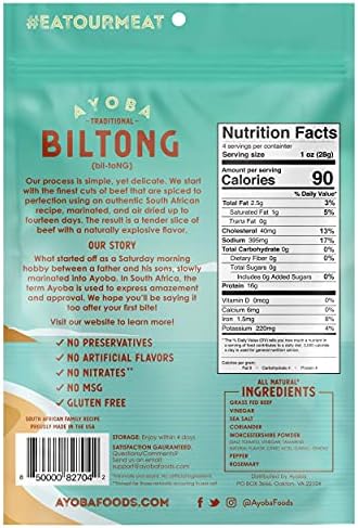 Ayoba Traditional Grass Fed Beef Biltong Slices (4 Ounce, Pack of 1) - Keto Friendly Air-Dried Grass Fed Beef Paleo Snacks - Gluten Free, Whole 30 Approved, Sugar free, No Carb Meat Snacks