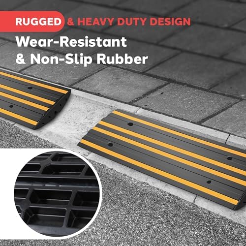 Pyle 8 Ft. Rubber Curb Ramp Set - Pack of 2 Heavy Duty Non-Slip Threshold Ramps for Driveways & Sidewalks, Waterproof, Yellow Reflective Strips, Expansion Screws Included, 48’’x16’’x2.6’’ Inches