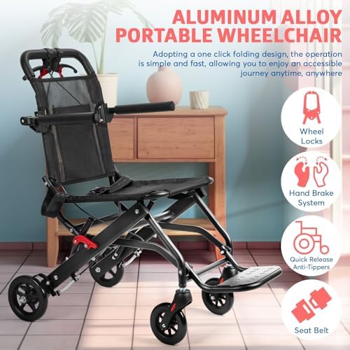 13Lbs Ultra Lightweight Wheelchair for Adults,Foldable Aluminum Transport Chair,Supports 286Lbs,Features Flip-Up Armrests & Locking Brakes,Ideal for Air Travel, Hospital Visits,and Everyday Use Black