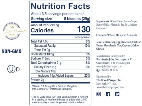Jules Destrooper Almond Thins - Caramelized Almond Cookies, Certified Kosher Dairy, Non-GMO, Authentic Biscuits Made in Belgium - 3.5 Oz