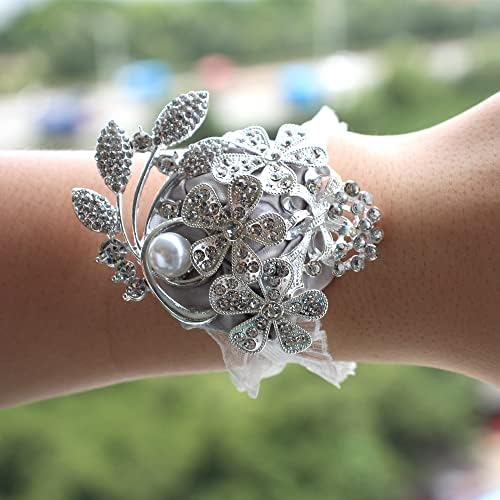 WANLIAN Wrist Corsage with Peal and Rhinestone Corsage and Boutonniere Set for Wedding,Prom,Party (Silver Gray，2 Pieces)