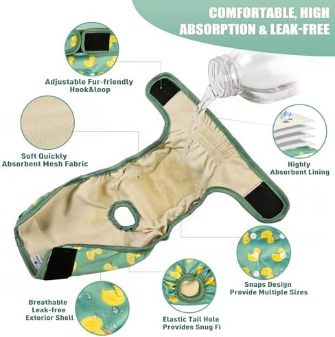 Langsprit Female Dog Diapers for Doggie Puppy,Reusable Dog Period Diapers Female for Heat Peeing,Small Medium Large Doggy Diaper Washable,Dogs Pants 5 Pack, Duck, Medium