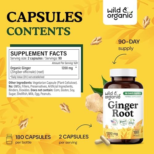 Wild & Organic Ginger Root Capsules 1200 mg - Immune & Digestive Support - Ginger Root Supplement - Zingiber Officinale Powder - 90 Days of Supply - Vegan, No Fillers, Non-GMO - 180 Count