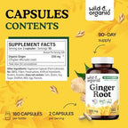 Wild & Organic Ginger Root Capsules 1200 mg - Immune & Digestive Support - Ginger Root Supplement - Zingiber Officinale Powder - 90 Days of Supply - Vegan, No Fillers, Non-GMO - 180 Count