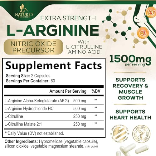 L-Arginine Extra Strength Supplement with L-Citrulline - Muscle Supporting Natural Nitric Oxide Precursor Booster - Heart Health Support - Amino Acid Energy Blend for Men, USA Bottled - 120 Capsules