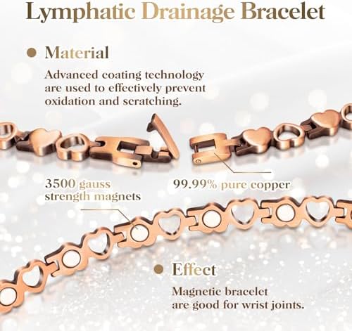 Magnetic Copper Bracelets for Women Lymph Detox Magnetic Bracelets, 100% Solid Pure Copper Bracelet with 3500 Gauss Magnets & Lymphatic Drainage Ring with Adjustment Tool