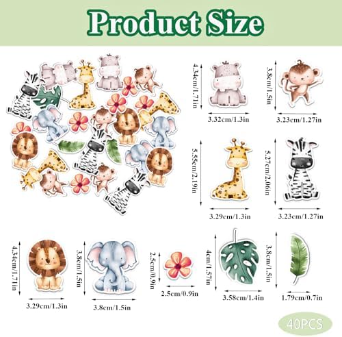 40PCS Edible Jungle Safari Animal Cupcake Toppers Wafer Paper Jungle Safari Animal Cupcake Toppers Edible Deer Lion Elephant Cake Decoration for Jungle Animal Theme Party Birthday Decor Favors
