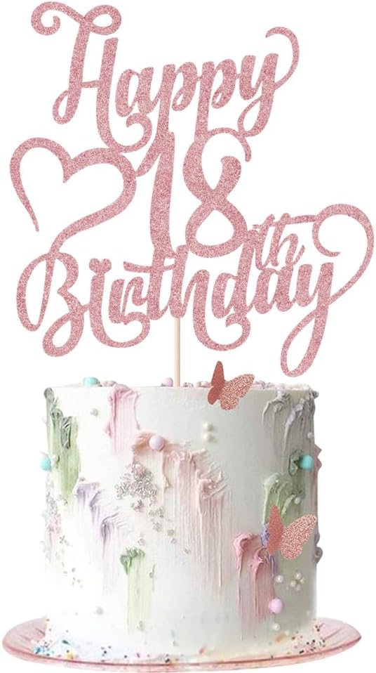 Rose gold Glitter Happy 18th Birthday Cake Topper - 18 Anniversary/Birthday - Hello 18, Cheers to 18 Years,18 & Fabulous Cake Topper Party Decoration