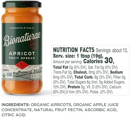 Bionaturae Organic Apricot Fruit Spread - Jelly Organic, Non-GMO, USDA Certified, No Sugar Added, No Preservatives, Organic Fruit Jam, Jam Organic, Made in Italy - 9 Oz, 1 Pack