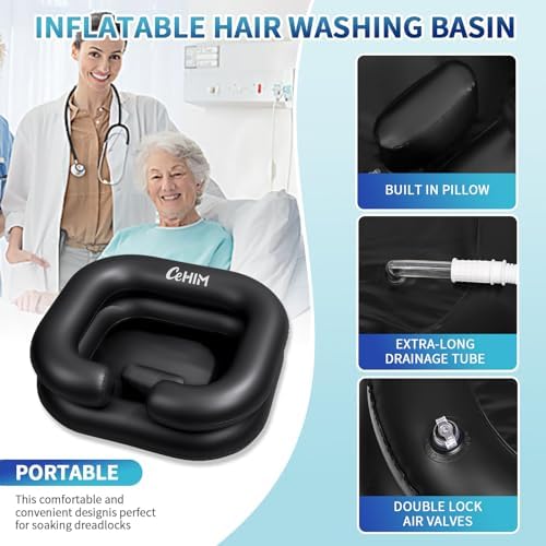 Inflatable Shampoo Basin - Portable Shampoo Bowl, Hair Washing Basin for Bedridden, Disabled,Injured, Hair Wash Tub for Dreadlocks and at Home Sink Washing (Black, 15in Inner)