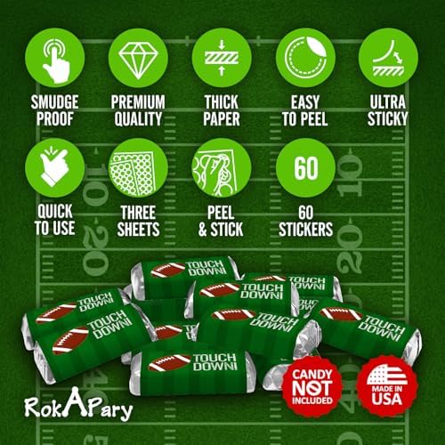 60 Sports Football Miniature Candy Bar Wrapper, Mini Candy Bar Stickers for Birthday Party, Baby Shower, Wedding, Graduation, or Any Family Event Decorations, Candy Not Included. Made in USA
