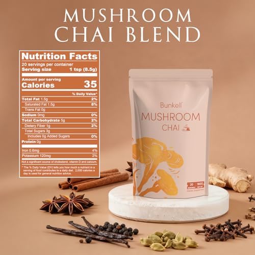 Bunkell Mushroom Chai, Adaptogenic 6 Mushrooms with Lion's Mane, Reishi, Cordyceps, Shiitake, King Trumpet & Turkey Tail, Chai Powder for Energy, Focus, Digestion & Immune Support, 20 Servings 1 Pack