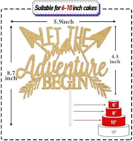 Let the Adventure Begin Cake Topper - 2026 Graduation Cake Decor - Going Away/Travel/Retirement/Baby Shower Party Decorations Supplies, Gold Glitter