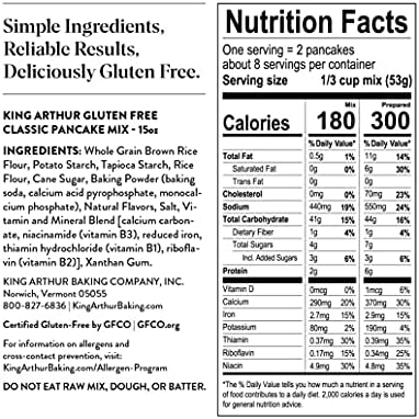 King Arthur Gluten Free Classic Pancake Mix: Fluffy, Delicious Breakfast Delight - Non-GMO, Kosher Certified, 15 oz (Pack of 6) - Makes Perfect Pancakes and Waffles with 21g Whole Grains per Serving