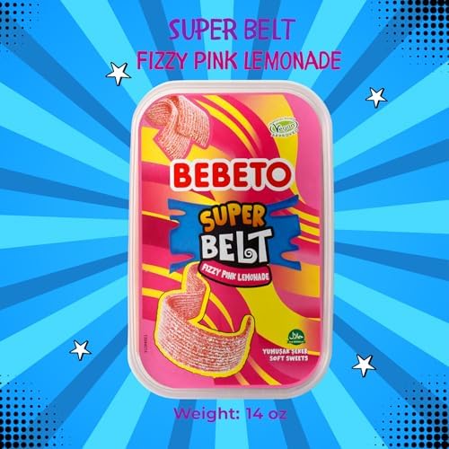 Bebeto Sour Candy Belts – Fizzy Pink Lemonade Flavor, Sugar-Coated Ribbon Candy, Vegan Soft Chewy Candy, 14 oz (400g), by Kervan