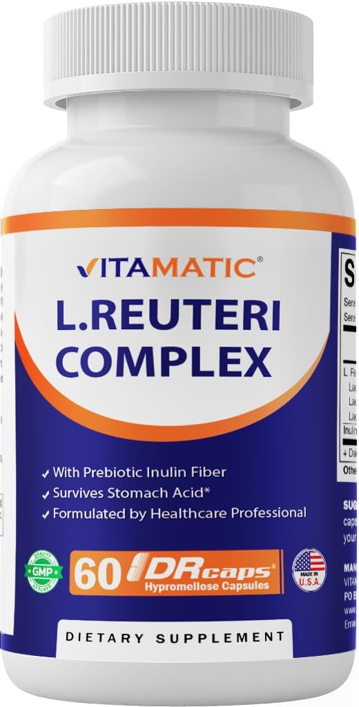 Vitamatic Lactobacillus Reuteri Complex – 22 Billion CFU per Delayed Release Capsule – 60 Capsules – Digestive & Gut Health Support – with Prebiotic Inulin Fiber