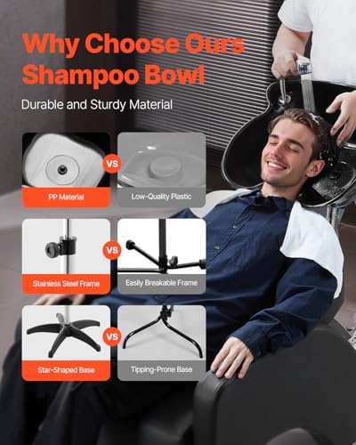 VEVOR Portable Shampoo Bowl, Deep Shampoo Sink with Adjustable Height & Angle, Includes Drain Hose, Shower Head, Lightweight Hair Wash Basin for Barber Salon Spa Center & Home Use, Black