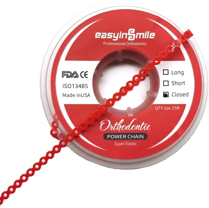 SNAWOP Dental Orthodontic Power Chain Multicolor Spool Elastic Rubber Bands for Teeth Braces (Closed, Red)