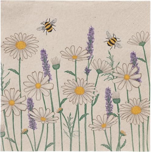 Table Kind 100 x Soft Recycled Floral Napkins Wildflower Napkins for Decoupage Daisy Bee Pretty Disposable Party Serviettes for Spring Weddings, Tea Parties, Birthday, Eco-Friendly, Compostable