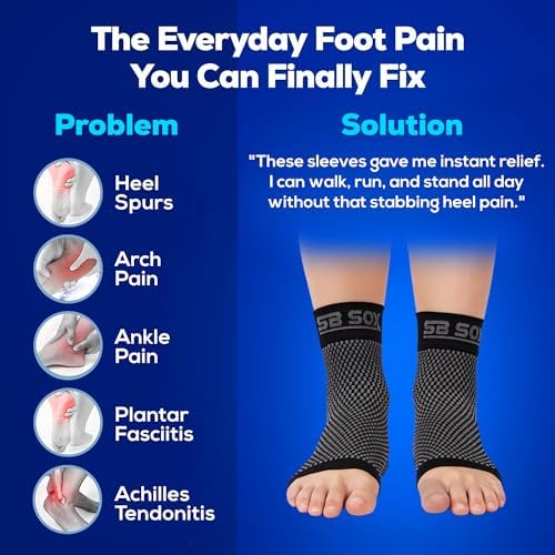 SB SOX Plantar Fasciitis Compression Socks – Arch Support Sleeve for Heel Pain Relief, Achilles Tendonitis & Foot Pain – Toeless Ankle Compression, All-Day Comfort (Black, Medium)