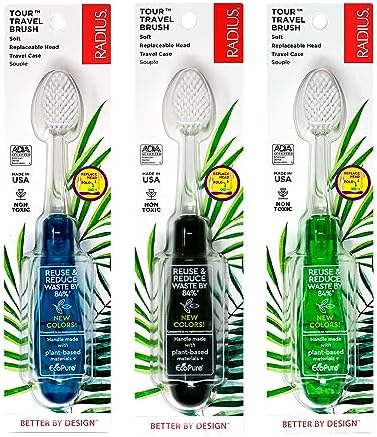 RADIUS Tour Travel Brush & Case with Replaceable Brush Head ADA Accepted Toothbrush Improve Gum Health - Blue Smoke Green - Pack of 3