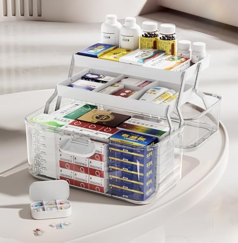 3-Tier 12 x 9 x 7 Medicine Organizer, Medicine Cabinet Organizer with Portable Pill Case, Multipurpose Plastic Box for Storage Empty First Aid Box