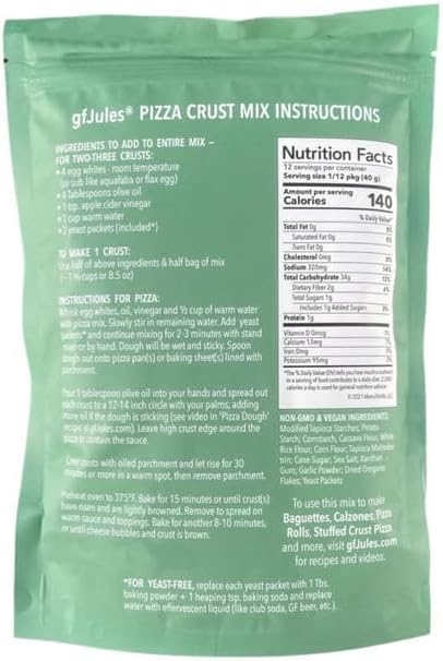 gfJules Certified Gluten Free Pizza Crust Mix | Deep Dish or Thin Crust | No Grit, Non-GMO, Vegan | Certified Top 9 Allergen-Free & Kosher | Makes two-three 12 in. Crusts | 17oz Pouch