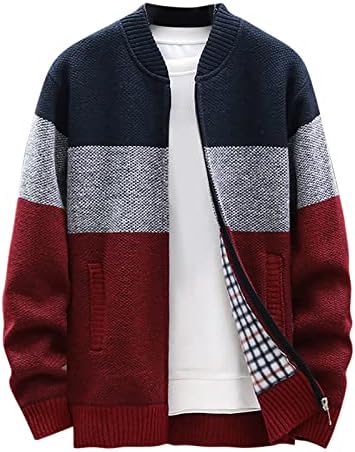 Men's Cardigan Sweaters Knitted Full Zip Collared Regular Fit Jacket Casual Color Block Baggy Winter Warm Coat