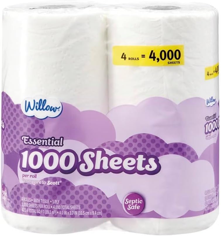 Willow Essential Bath Tissue, 1000 Sheets per Roll, 1-Ply, Septic Safe, 4 Count