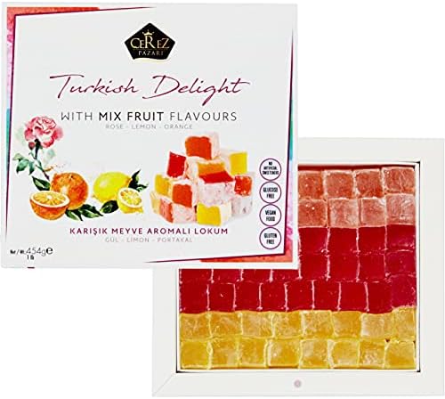Cerez Pazari Turkish Delight With Rose, Orange, & Lemon Flavors, Gourmet Medium Size Snacks Gift Box, Traditional Confectionery Loukoumi, Vegan Candy Dessert Lokum, No Nuts, 16 oz.