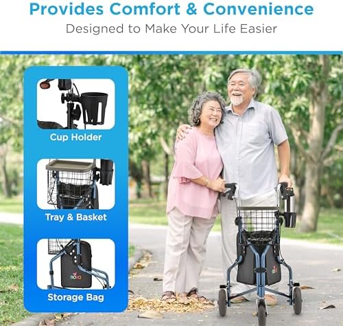 NOVA Traveler Folding 3-Wheel Walker with Tray, Basket, Pouch & Cup Holder, Lightweight Mobility Aid for Seniors & Adults, 8” All-Terrain Wheels for Tight Spaces & Travel, Blue