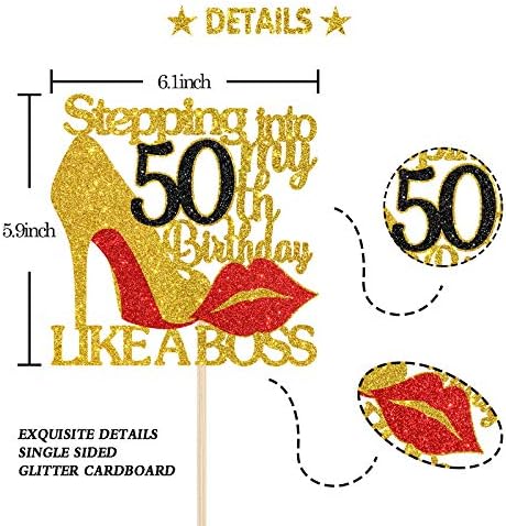 Gold Red Glitter Stepping into 50 Cake Topper - 50th Birthday Cake Decor - Stepping into My 50th Birthday Like a Boss - Happy Bday Party Cake Decorations for Women