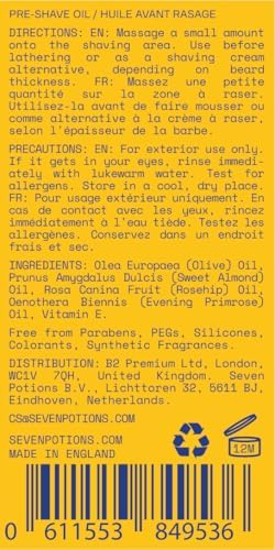 Seven Potions Pre-Shave Oil For Men — Ideal for Sensitive Skin, Helps Prevent Irritation, Lubricates and Protects Face — Natural, Vegan, Cruelty Free (1 Fl Oz)