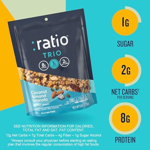 Ratio Trio Coconut Almond Granola Cereal, 1g Sugar, Keto Friendly, 8 oz Resealable Bag