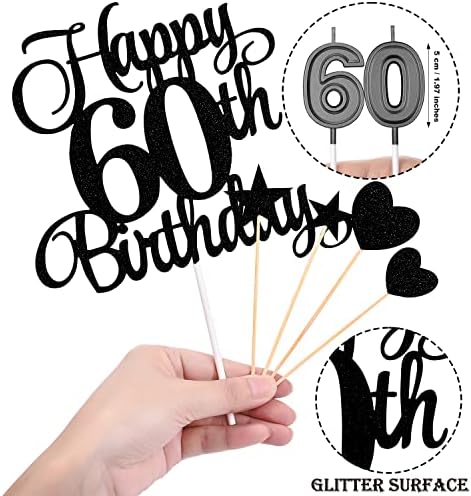 60th Birthday Cake Decorations Set Include 60th Birthday Candles Numeral 60 Cake Candles and Happy 60th Birthday Cake Toppers with Heart Star Cupcake Picks for Birthday Party (Black Series)